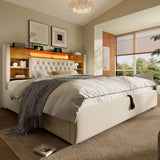 6ft Super King Upholstered Storage Bed with Hydraulic Lift - LED Lighting & Charging Station, Linen, Beige