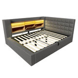 4ft6 Double Upholstered Sofa Bed with Hydraulic Storage - Linen Daybed with USB and Type-C Charging Station, Grey