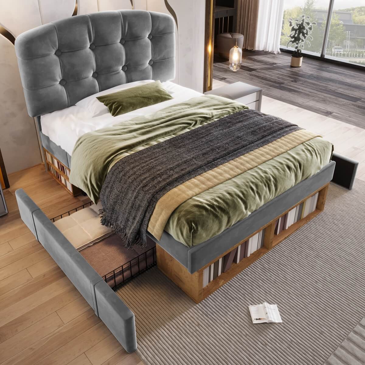 3ft Single Velvet Storage Bed - Upholstered Bed Frame with Drawers and Adjustable Headboard, Grey