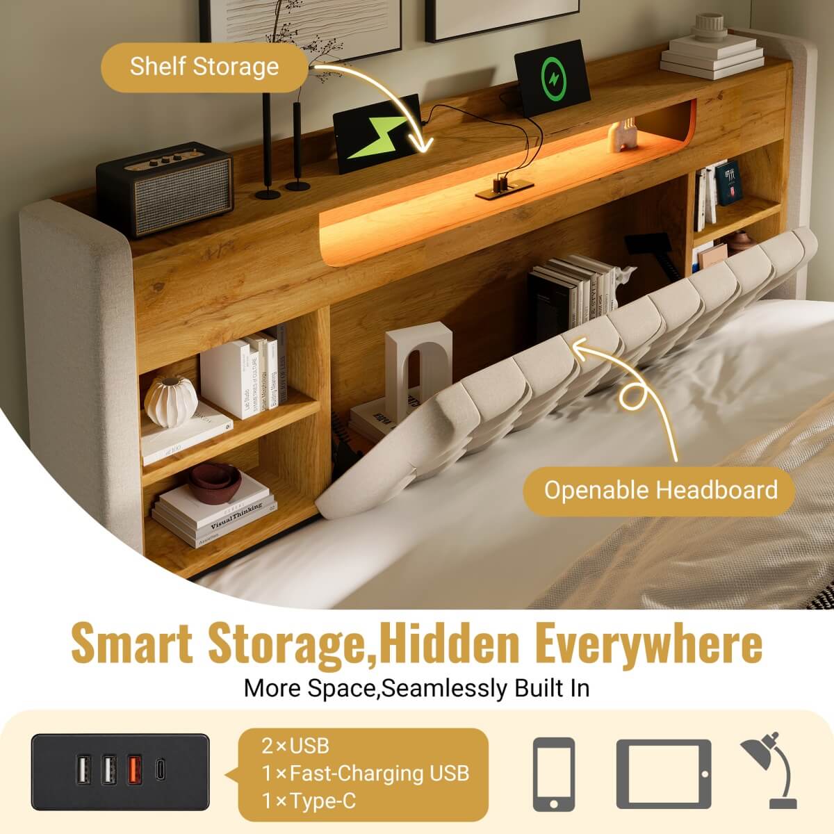 4ft6 Double Upholstered Storage Bed with Hydraulic Lift - LED Lighting & Charging Station, Linen, Beige
