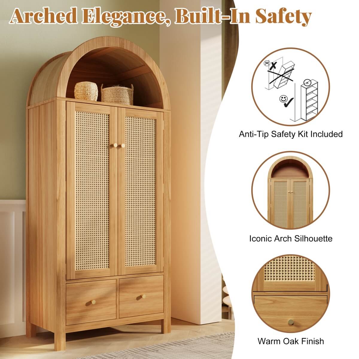 Rattan 2-Door Wardrobe with Arched Top - Hanging Rail, 2 Drawers and Magnetic Door Closures, Oak Effect