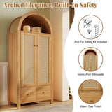 Rattan 2-Door Wardrobe with Arched Top - Hanging Rail, 2 Drawers and Magnetic Door Closures, Oak Effect