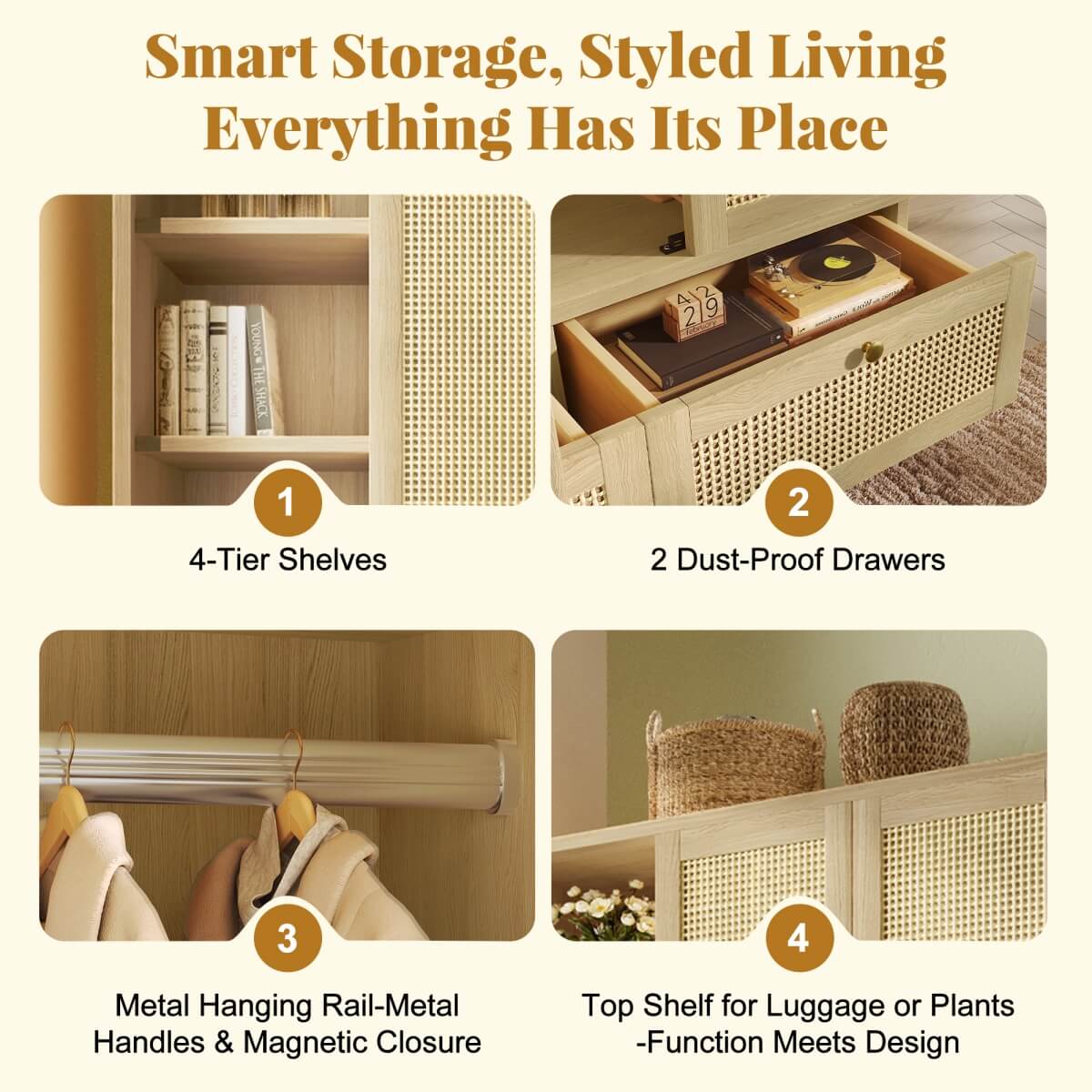 Rattan 2-Door Wardrobe - Hanging Rail, 4 Storage Shelves, 2 Drawers and Anti-Tip Device, Oak Effect