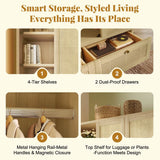 Rattan 2-Door Wardrobe - Hanging Rail, 4 Storage Shelves, 2 Drawers and Anti-Tip Device, Oak Effect