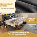 5ft King Size Upholstered Storage Bed with Hydraulic Lift - LED Lighting & Charging Station, Linen, Grey