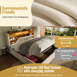4ft6 Double Upholstered Storage Bed with Hydraulic Lift - LED Lighting & Charging Station, Linen, Beige