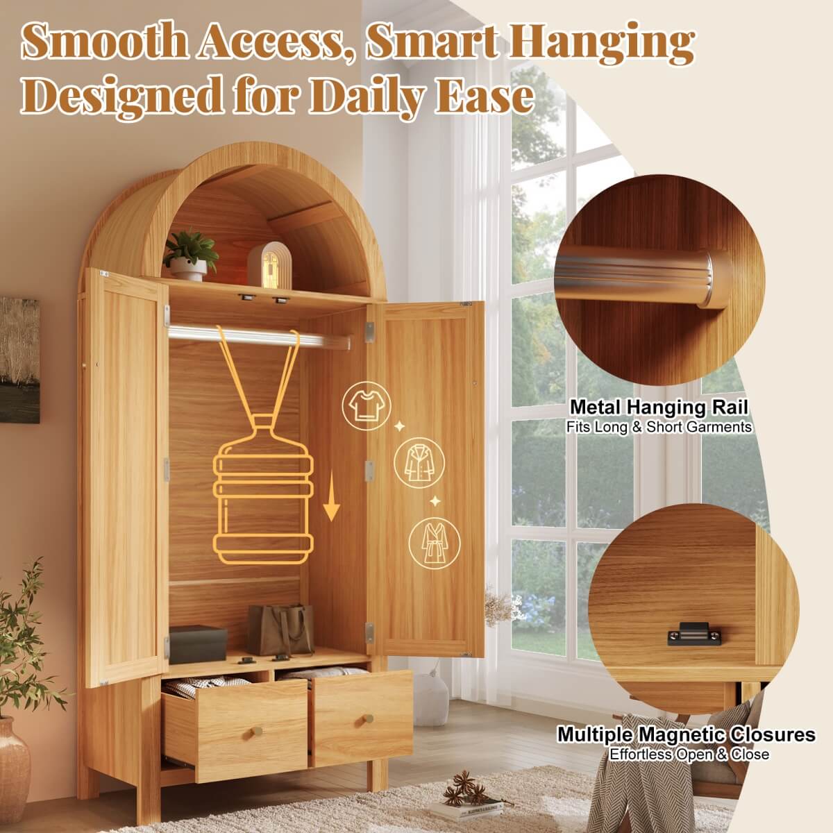 Rattan 2-Door Wardrobe with Arched Top - Hanging Rail, 2 Drawers and Magnetic Door Closures, Oak Effect