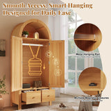 Rattan 2-Door Wardrobe with Arched Top - Hanging Rail, 2 Drawers and Magnetic Door Closures, Oak Effect