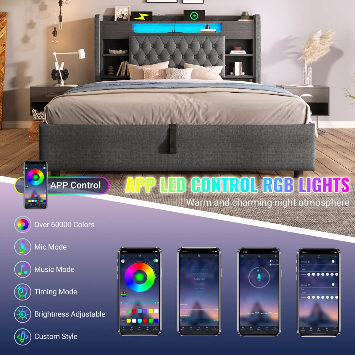 5ft King Size Upholstered Storage Bed with Hydraulic Lift - LED Lighting & Charging Station, Linen, Grey