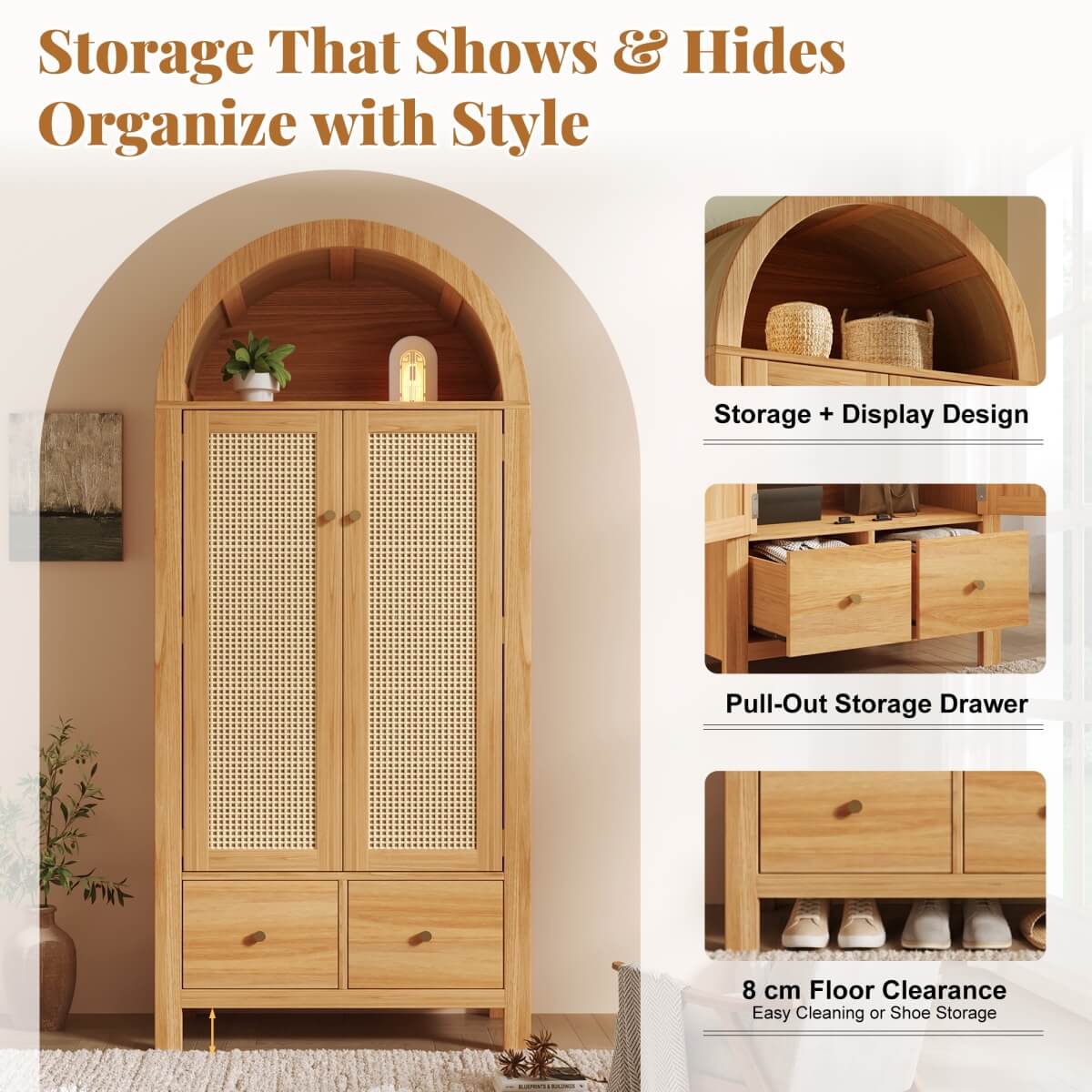 Rattan 2-Door Wardrobe with Arched Top - Hanging Rail, 2 Drawers and Magnetic Door Closures, Oak Effect