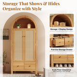 Rattan 2-Door Wardrobe with Arched Top - Hanging Rail, 2 Drawers and Magnetic Door Closures, Oak Effect