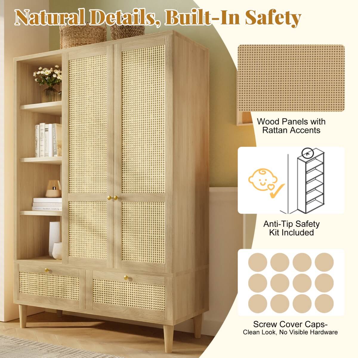Rattan 2-Door Wardrobe - Hanging Rail, 4 Storage Shelves, 2 Drawers and Anti-Tip Device, Oak Effect