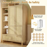 Rattan 2-Door Wardrobe - Hanging Rail, 4 Storage Shelves, 2 Drawers and Anti-Tip Device, Oak Effect