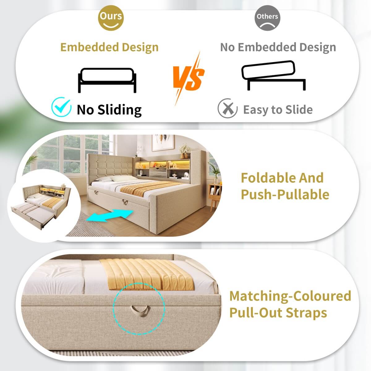 3ft Single Upholstered Sofa Bed with Storage - Linen Daybed with Pull-Out Trundle, USB and Type-C Charging Station, Beige