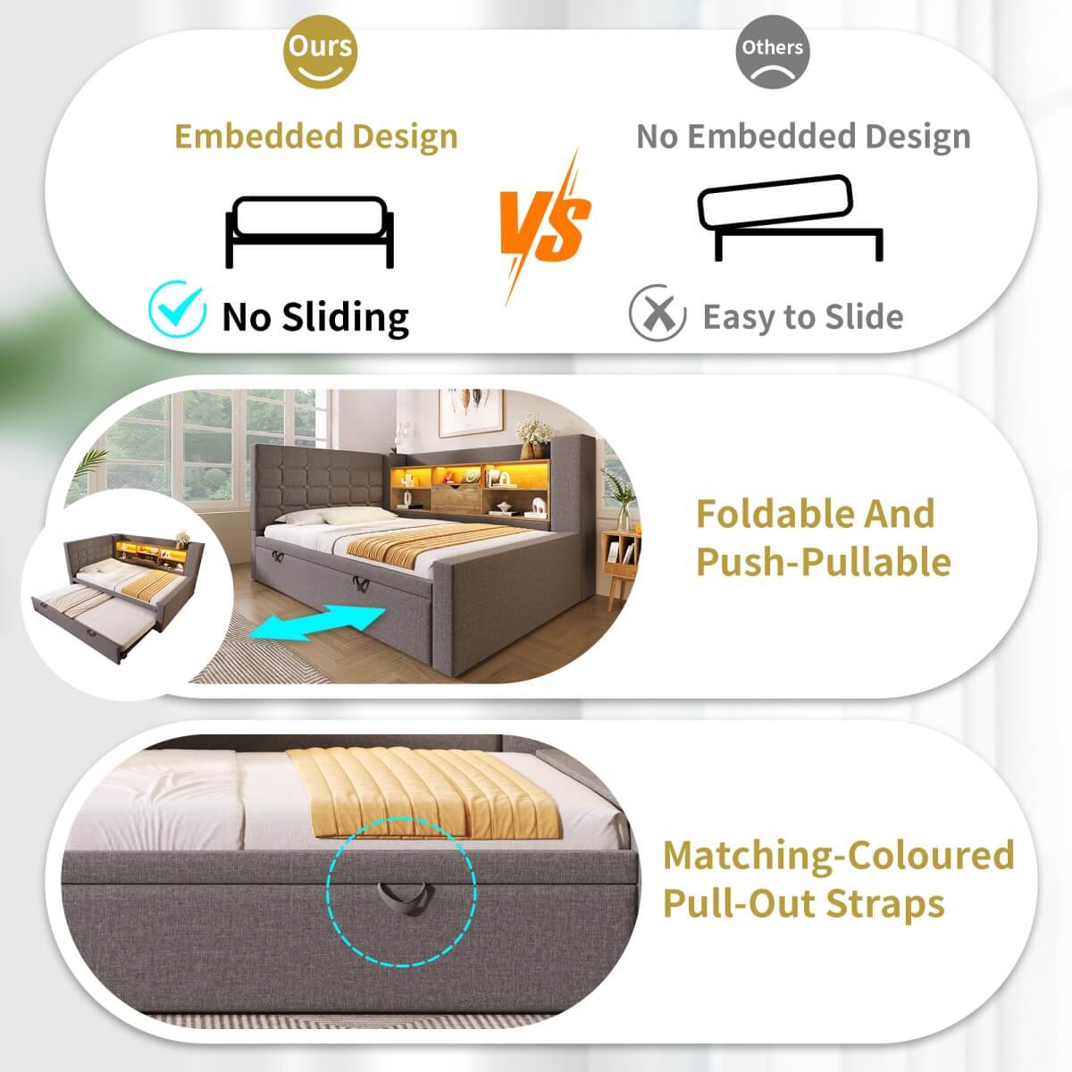 3ft Single Upholstered Sofa Bed with Storage - Linen Daybed with Pull-Out Trundle, USB and Type-C Charging Station, Grey