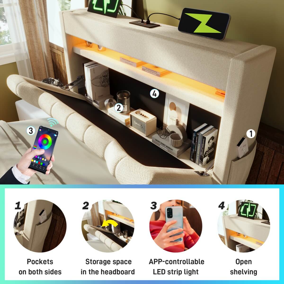 3ft Single Ottoman Bed Frame with LED Headboard - Upholstered Linen Bed with Hydraulic Storage, USB-C Charging and Headboard Storage for Phones and Tablets, Beige