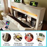 3ft Single Ottoman Bed Frame with LED Headboard - Upholstered Linen Bed with Hydraulic Storage, USB-C Charging and Headboard Storage for Phones and Tablets, Beige