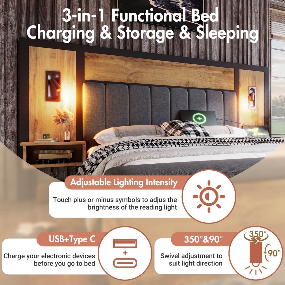 5ft King Upholstered Bed with Reading Lamp and USB-C Charging - Linen Bed Frame with Nightstand and Storage Bench, Oak