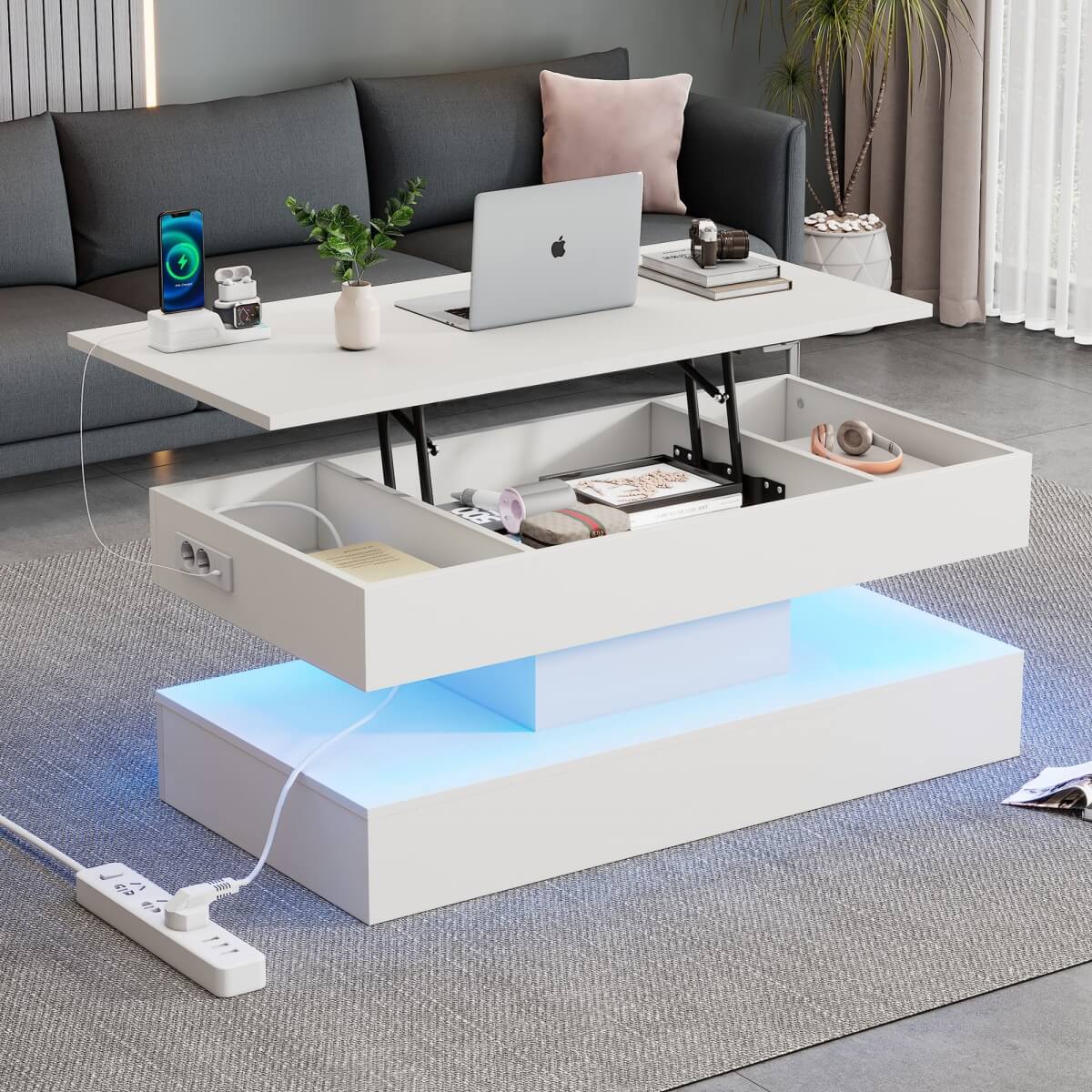 LED Lift Top Coffee Table - Modern Storage Table with Hidden Compartment