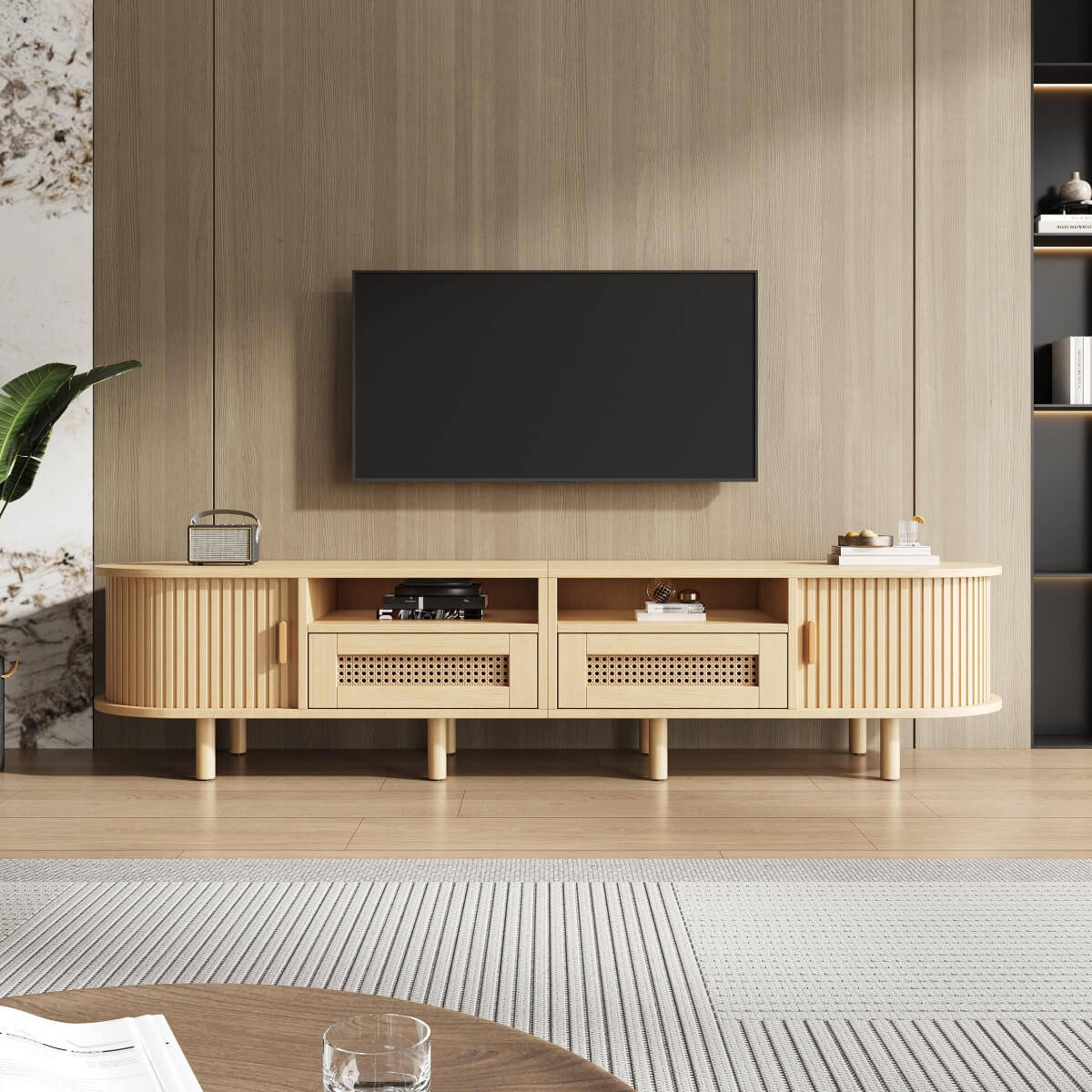 Rattan TV Stand with Sliding Doors - 2 Drawer Storage TV Unit, Fits up to 70 Inch TV