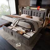 4ft6 Double Upholstered Storage Bed - Hydraulic Bed Frame with LED Headboard, USB & Type-C Charging, Linen, Grey