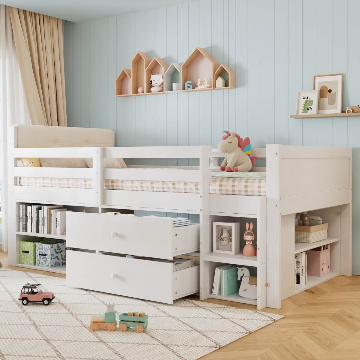 3ft Single Wooden Storage Bed for Kids - Bed Frame with Safety Guardrails, 2 Drawers, Storage Compartments & Upholstered Headboard, White