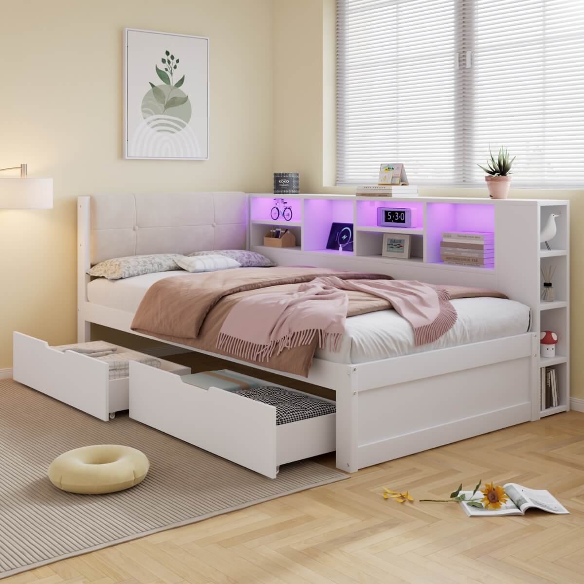 3ft Single Wooden Storage Bed with LED Lights - Bed Frame with Upholstered Headboard, Charging Port, Storage Compartments and 2 Wheeled Drawers, White