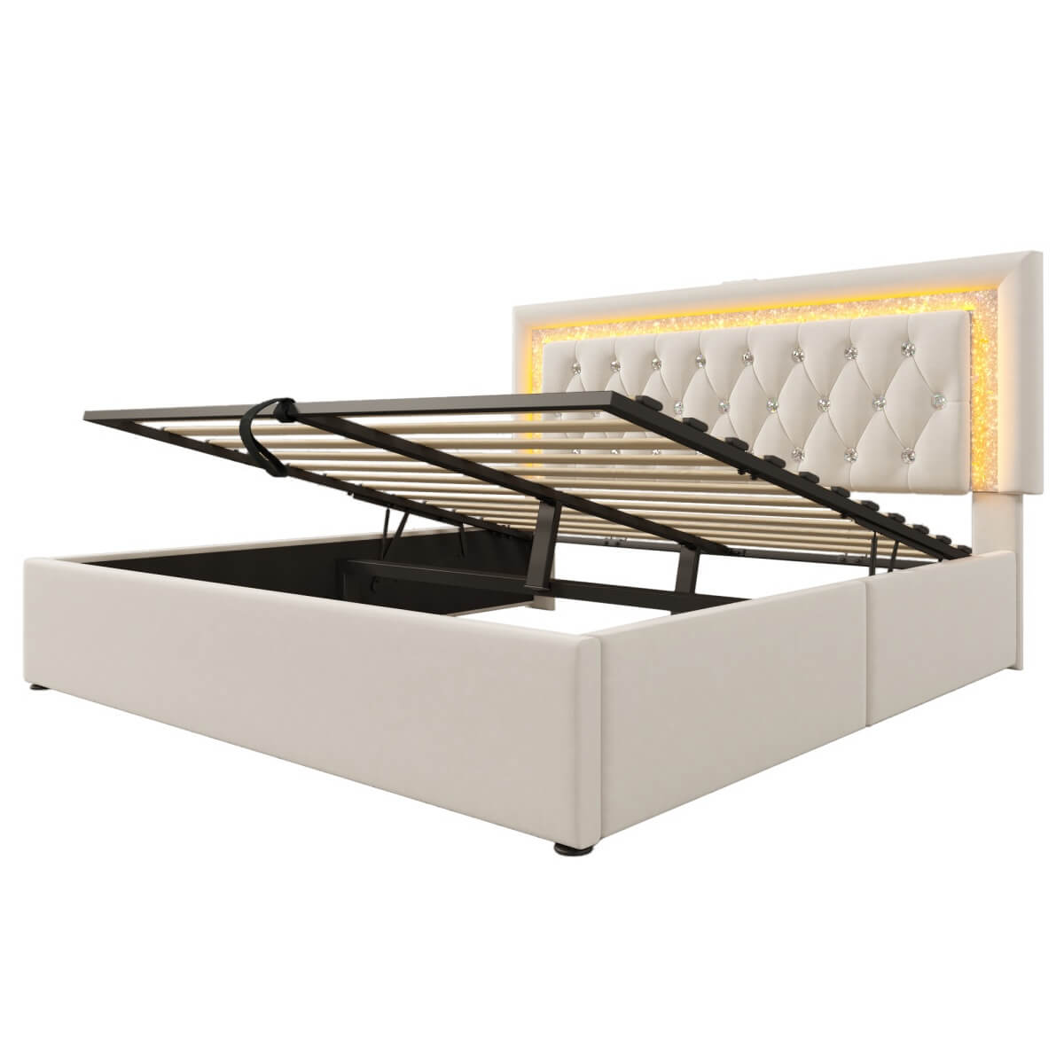 5ft King Size Velvet Storage Bed with LED Lights - Hydraulic Lift Bed Frame with USB Type-C Charging