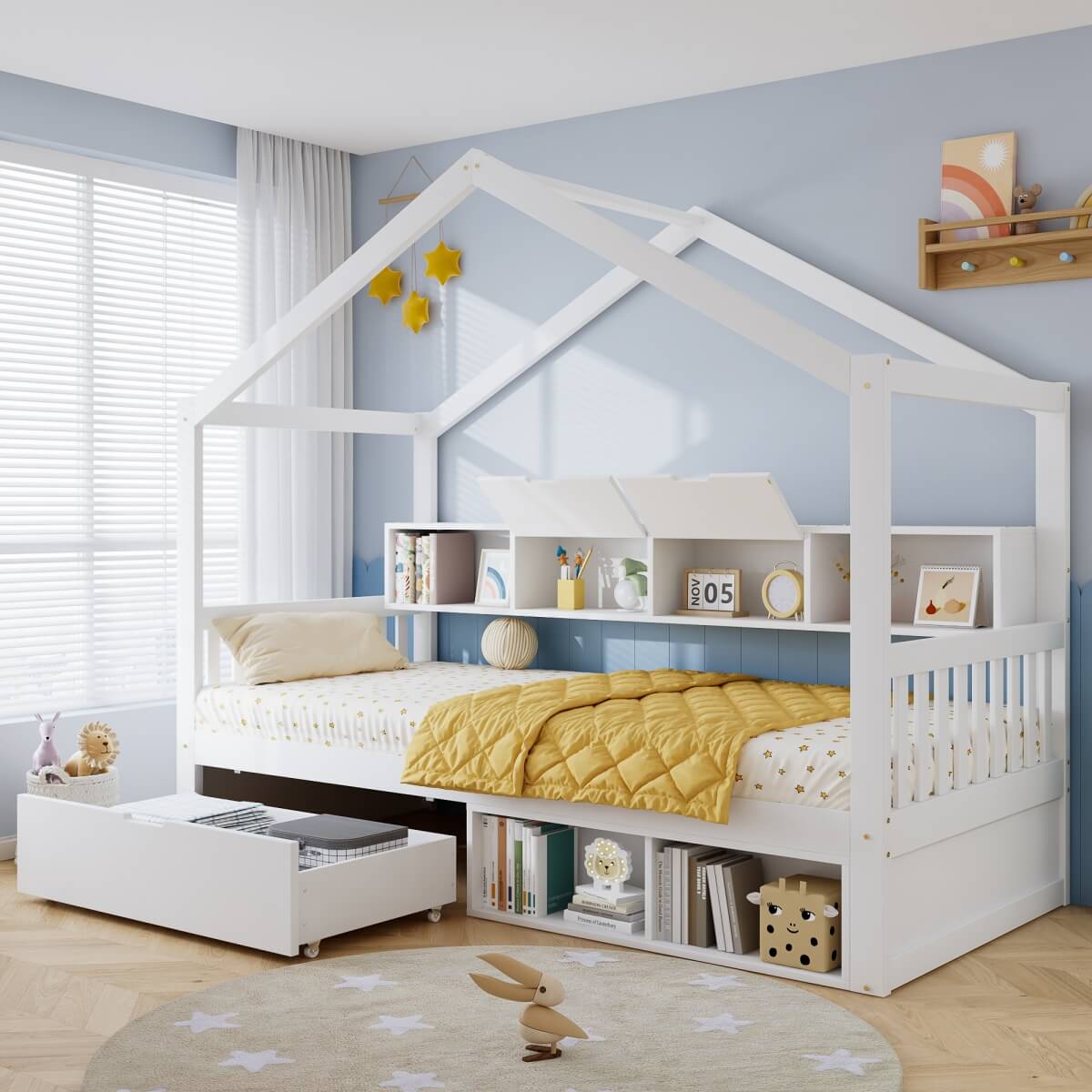 3ft Single Children’s Storage Bed with Safety Guardrail & Wheeled Drawer - House-Shaped Pine Wood Bed Frame with Storage Compartments, White