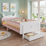 3ft Single Children's Rabbit-Shaped Bed - Wooden Storage Bed with Safety Guardrail, Drawer and Sturdy Slatted Base, White and Pink