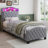 3ft Velvet Upholstered Storage Bed with LED Light Strip - Single Bed with Slatted Base, Grey