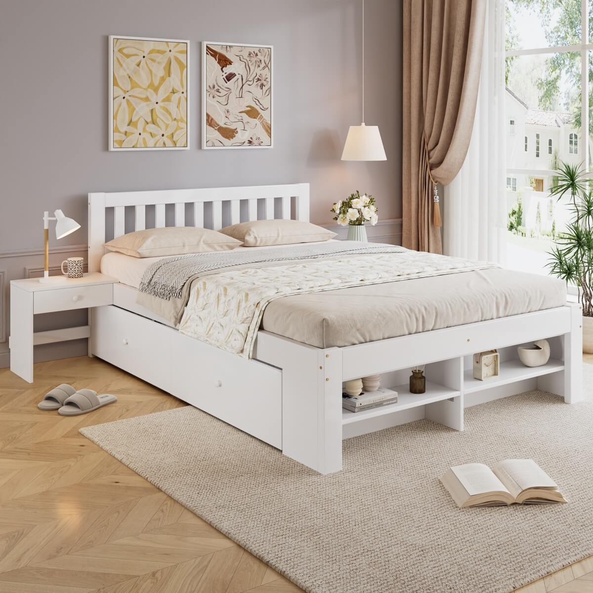 4ft6 Double Wooden Storage Bed with 2 Bedside Tables & 2 Drawers - Sturdy Bed Frame with Reversible Storage Compartments, White