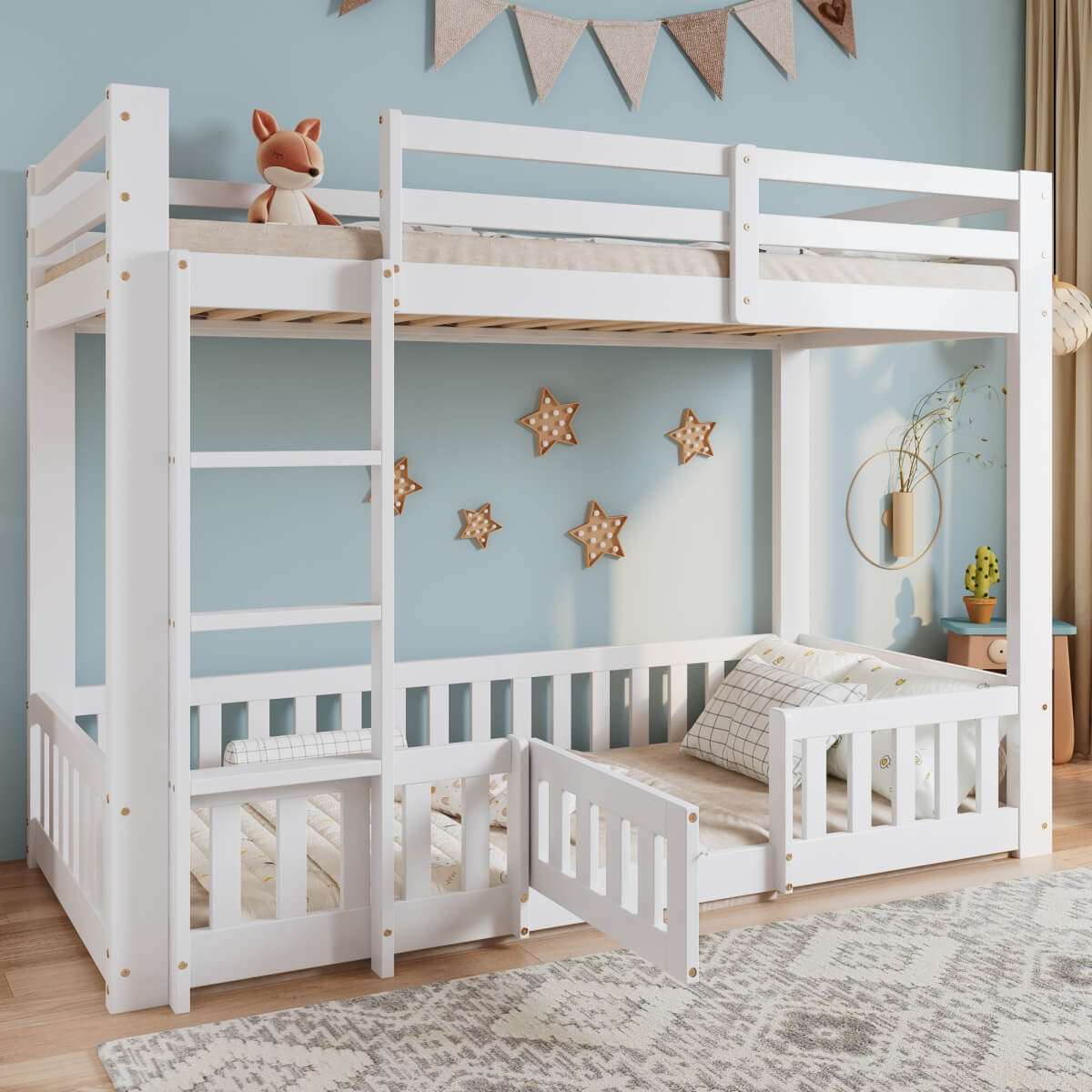 3ft White Solid Wood Bunk Bed — Children's Bed with Safety Rails, Fences & Door