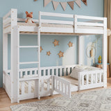 3ft White Solid Wood Bunk Bed — Children's Bed with Safety Rails, Fences & Door