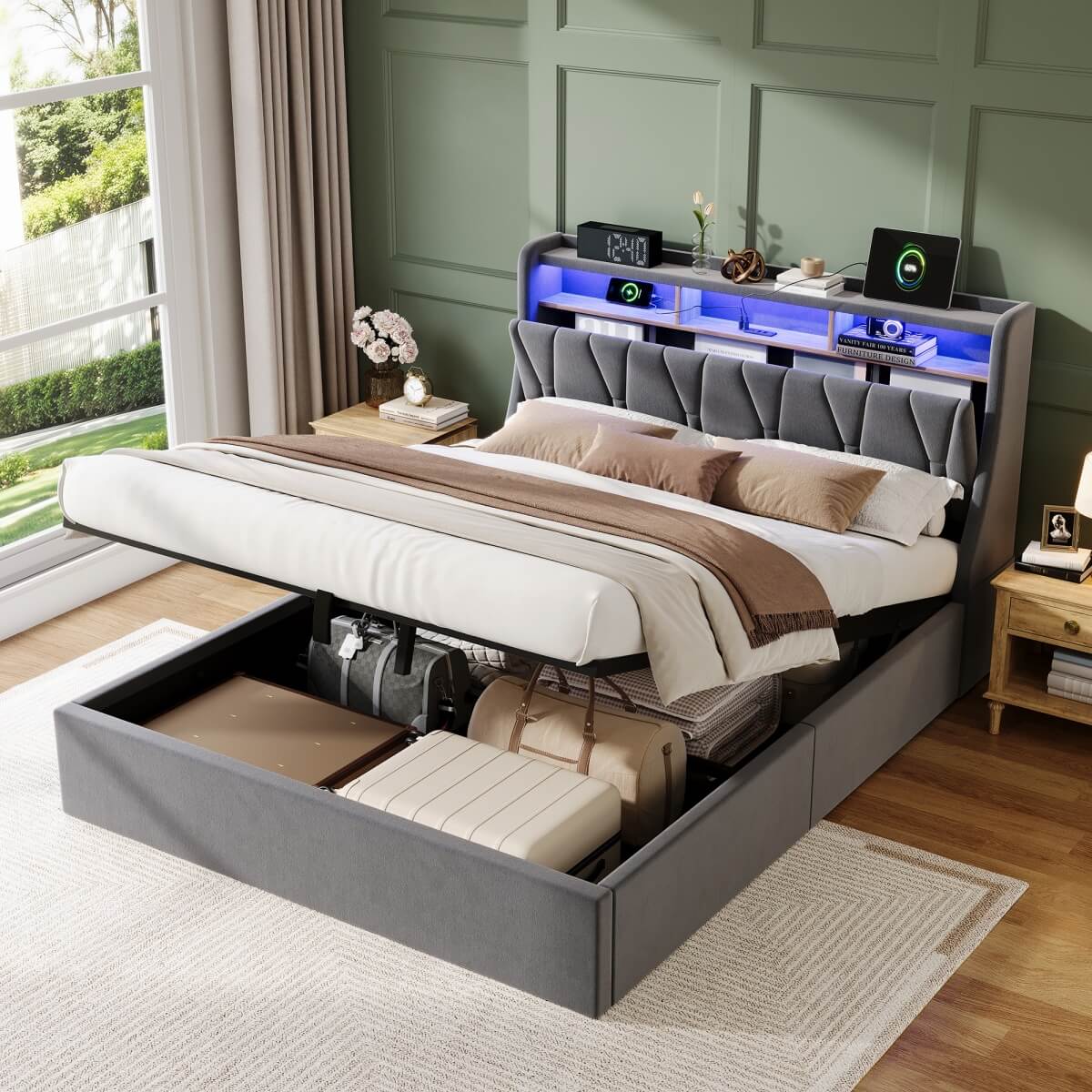 4ft6 Double Upholstered Bed with Hydraulic Storage & LED Lighting - Velvet Bed Frame with Plywood Base, Sturdy & Durable, Grey