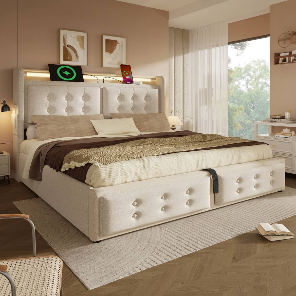 5ft King Upholstered Storage Bed - Hydraulic Bed Frame with LED Headboard, USB & Type-C Charging, Linen, Beige