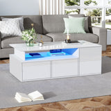 High Gloss Coffee Table with LED Lights - White Centre Table with 2 Drawers & Open Storage