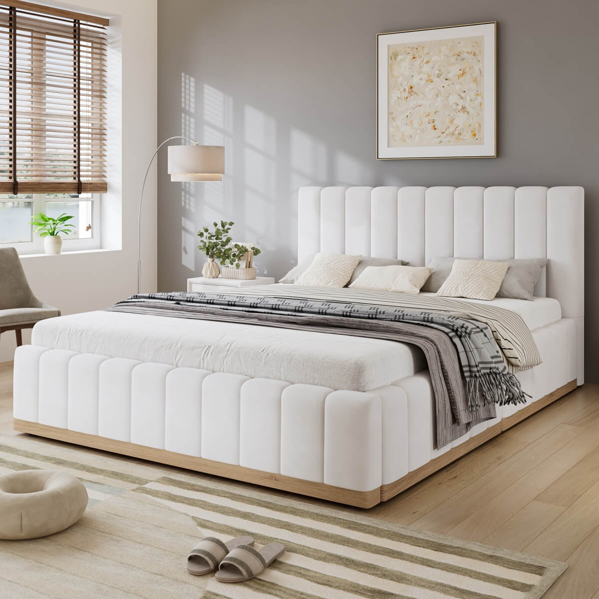 4ft6 Double Upholstered Bed with Soft Headboard - PU & MDF Bed Frame