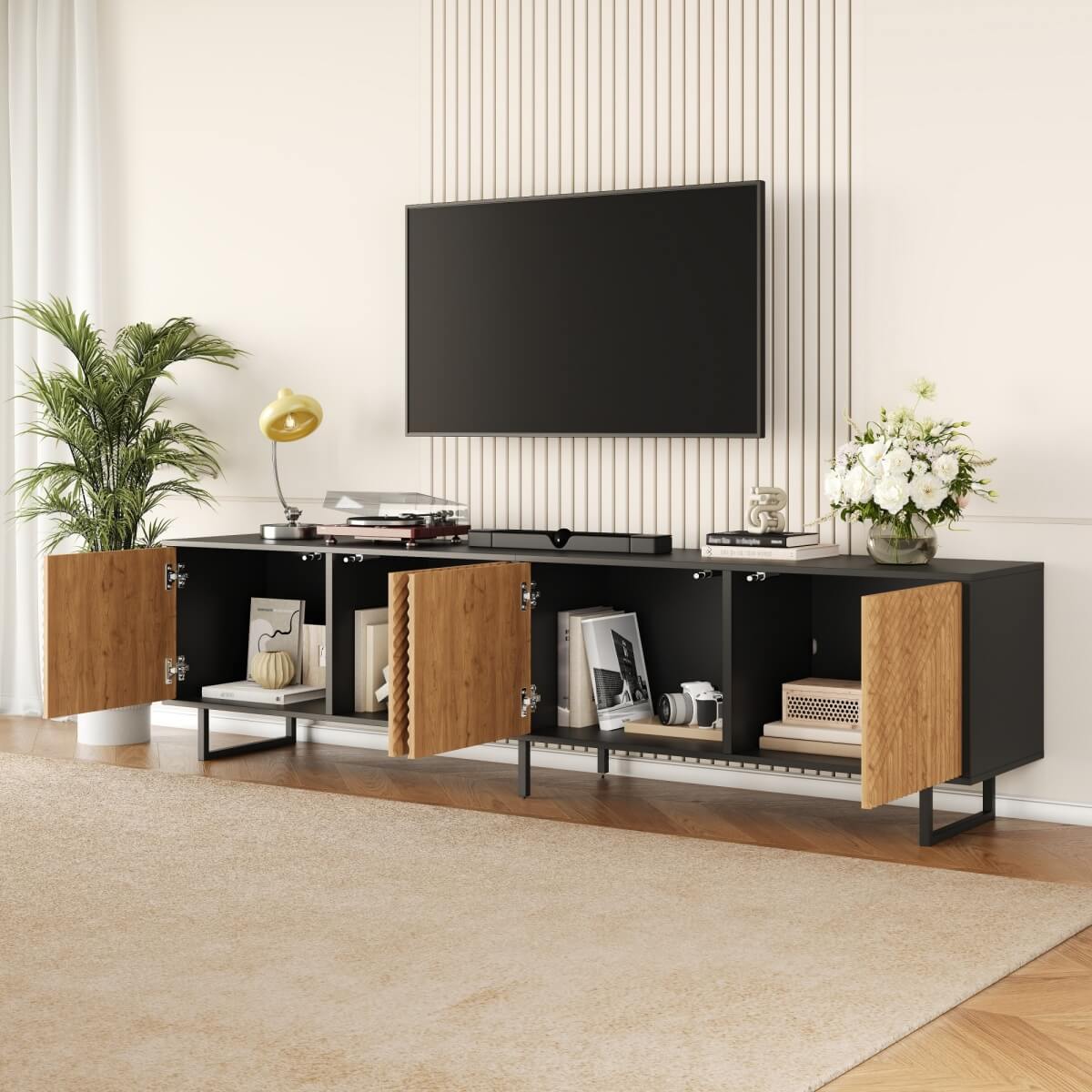 180cm Industrial TV Stand for 75 Inch TVs - Black & Wood Media Console with 4 Storage Cabinets