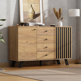 Dark Oak Effect Sideboard with 4 Drawers and 2 Doors - Wooden Storage Cabinet with Slatted Door Design