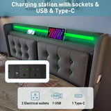 4ft6 Double Upholstered Storage Bed - Hydraulic Bed Frame with LED Headboard, USB & Type-C Charging, Linen, Grey