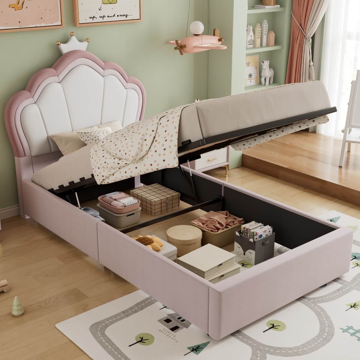 3ft Single Upholstered Storage Bed - Velvet Hydraulic Bed Frame with Lift-Up Storage, Kids Bed, Pink