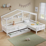 3ft Single Children's Wooden House Bed - Storage Bed with LED Strip Light, Safety Guardrail and 2 Wheeled Drawers, White