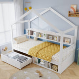 3ft Single Children’s Storage Bed with Safety Guardrail & Wheeled Drawer - House-Shaped Pine Wood Bed Frame with Storage Compartments, White
