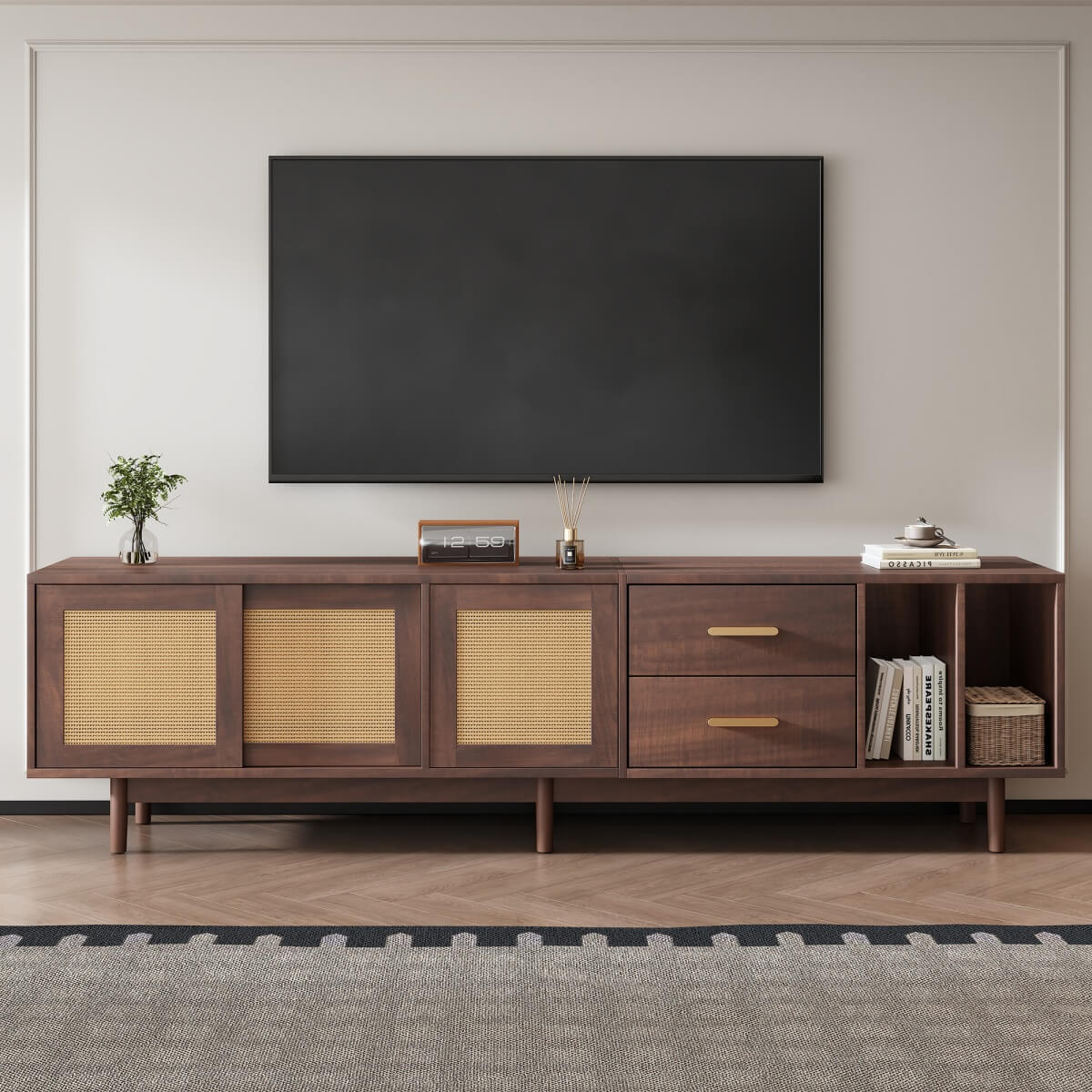 Rattan TV Stand with Sliding Doors - 2 Drawer Storage TV Unit, Dark Wood, Fits up to 80 Inch TV
