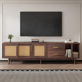 Rattan TV Stand with Sliding Doors - 2 Drawer Storage TV Unit, Dark Wood, Fits up to 80 Inch TV