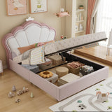 4ft6 Double Upholstered Storage Bed - Velvet Hydraulic Bed Frame with Lift-Up Storage Function, Pink