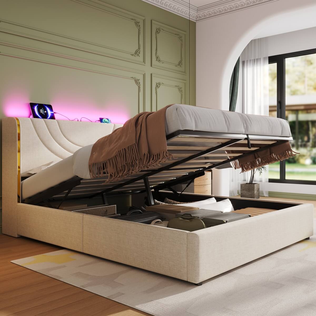 4ft6 Double Upholstered Bed Frame - Hydraulic Storage, LED Headboard with USB Charging, Beige Linen