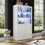 White High Gloss Display Cabinet - Tall Storage Cupboard with Tempered Glass Shelves, Doors & LED Lights