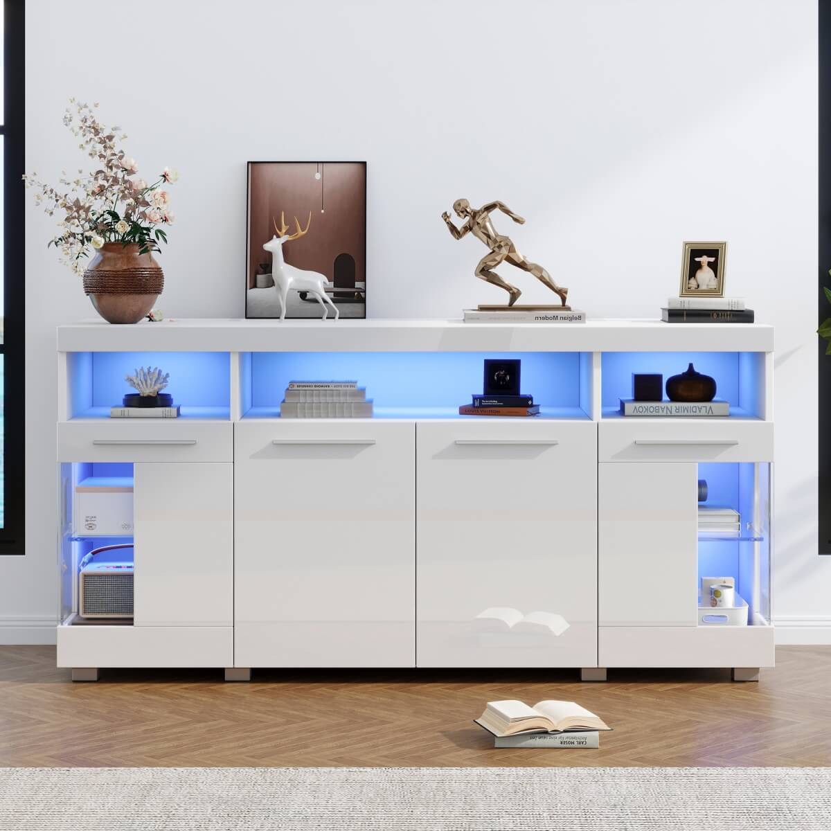 High Gloss White Sideboard with LED Lighting - Modern Storage Cabinet with 3-Tier Tempered Glass Display Shelves